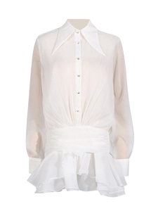 Elegant white mesh long sleeve dress with pointed collar and pleated waist design