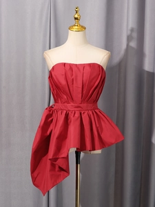 Elegant red peplum tube top with ruffled waist and side drape for formal evening wear