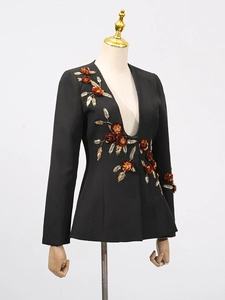 Elegant black fitted blazer featuring 3D orange sequin flower embroidery and V-neckline