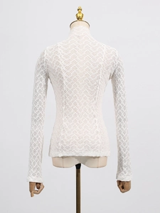 White high-neck long-sleeve lace top with a diamond-patterned textured knit design