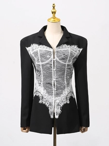 Women's slim fit black blazer with white lace corset stitching and eyelash details