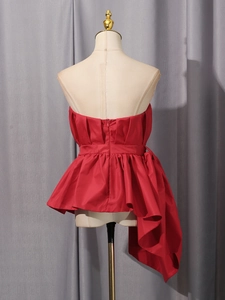 Elegant red off-shoulder corset top with ruffle hem and asymmetrical back detailing