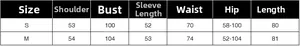 Detailed size guide table for the off-shoulder knitted mini dress in S and M sizes