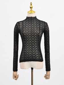 Slim fit black turtleneck top for women with textured lace knit and long sleeves
