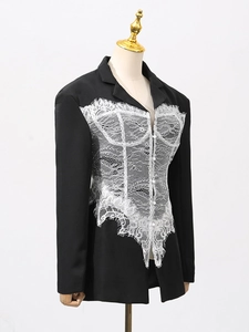 Women's slim fit black blazer with white lace patchwork and corset-style front detail