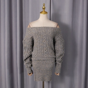 Detail of grey cable-knit texture and off-shoulder design on this fashion mini dress