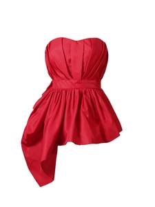 Red strapless peplum top with heart neckline, pleated bust and asymmetrical hemline