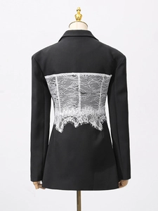 Women black blazer with white lace patchwork back design and slim fit tailored silhouette
