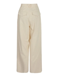 Elegant high-waisted beige wide-leg trousers with back flap pockets and a V-belt loop