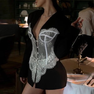 Slim fit black blazer with contrast white lace patchwork and single-breasted closure