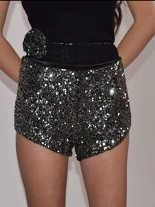 Damen Sexy Hohe Taille Pailletten Shorts Silber Schwarz Patchwork Hot Pants Mit Blumendekoration Für Party Bankett Streetwear