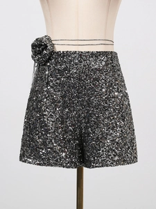 Paillettenshorts für Damen mit hoher Taille in Schwarz und Silber und 3D Blumenverzierung