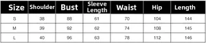 Detailed size chart for elegant high slit long dress with shoulder and bust measurements