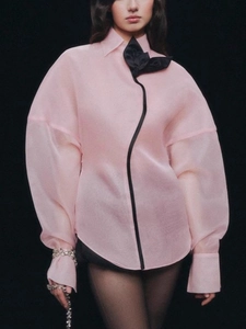 Women Elegant Lantern Sleeve Patchwork Blouse Vintage Pink White Transparent Organza Shirt With Bow Flower Detail Fashion Top
