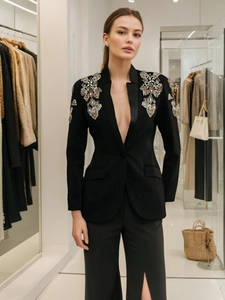 Luxus Damen Schwarz Slim Fit Blazer Mit Strass Blumenstickerei Elegant Langarm Anzugjacke Für Party Bankett