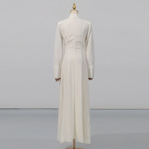 Detail of white slim fit long-sleeve maxi dress with high neck and back zipper design