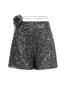 High-Street-Retro-Shorts mit Pailletten, hoher Taille, 3D-Blume und Taillenbändern