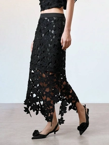 Jupe Maxi en Dentelle Florale Ajourée Noire Streetwear Individuel pour Femmes Élégante Taille Haute Épissée pour Été Quotidien Fête