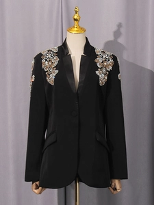Schwarzer Damen-Blazer in Slim Fit mit luxuriöser Gold- und Silber-Strass-Bestickung
