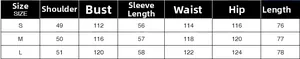 Tableau des tailles détaillé pour veste ample incluant buste, épaules et longueur totale