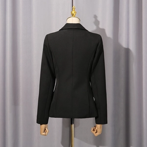 Slim fit black women's blazer back view showing tailored waist and smooth back seams