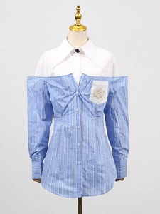 Camicia donna patchwork a righe con maniche lunghe, colletto a punta e ricamo raffinato