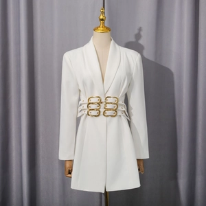 Detailed view of white blazer dress with layered waist ties and gold metal rings