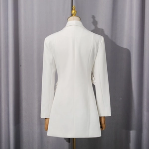 Detailed back view of a white slim-fit blazer showing precise stitching and waist design