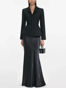 Outfit Donna Elegante Giacca in Tweed Nero e Gonna Lunga in Raso Completo Blazer Peplum Slim Gonna a Sirena