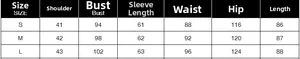 Detailed size chart for elegant slim fit double-breasted blazer with key measurements