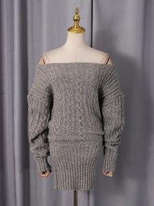 Off-shoulder gray-blue knitted mini dress with cable stitch and long sleeves