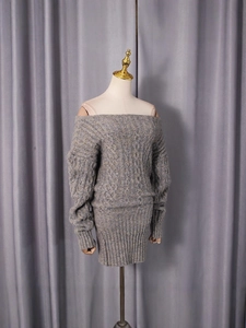Grey off-the-shoulder cable knit mini dress with long sleeves in a relaxed fit