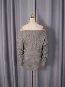 Gray off-the-shoulder cable knit mini dress with long sleeves and ribbed texture