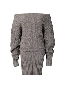 Chic off-the-shoulder knit mini dress in heather taupe featuring cable stitch details