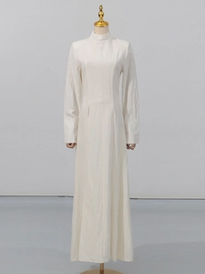 Elegant ivory high collar maxi dress with long sleeves and pleated waist details