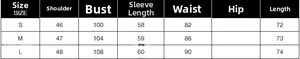 Detailed size chart for jacquard lace blazer showing bust and shoulder measurements