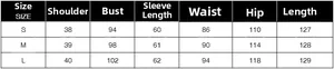 Size chart for casual blazer showing measurements for S, M, and L sizes in centimeters