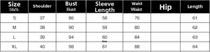Detailed sizing chart for trendy denim jacket showing measurements for S, M, L, XL sizes
