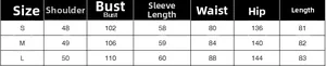 Guide des tailles pour blazer léopard incluant les mesures d'épaules, buste et de taille