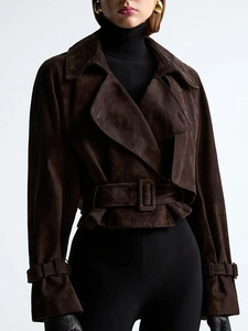 Veste Courte en Suédine Rétro pour Femmes Revers Ceinture Streetwear Mode Coupe Ajustée Manches Longues Manteau Automne