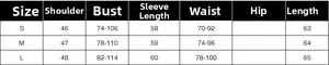 Detailed size chart for women jacket showing shoulder, bust, waist and length dimensions