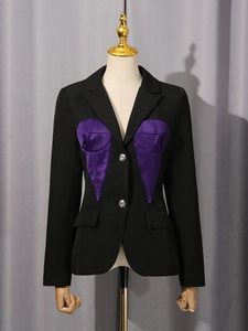Slim fit black blazer for women featuring unique purple satin heart-shaped appliques