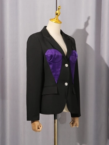 Slim fit black blazer for women featuring purple satin contrast and rhinestone buttons