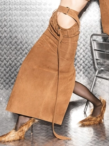 Women Faux Suede Midi Skirt High Waist Adjustable Belt Silver Buckle Straight Pencil Solid Brown Elegant Streetwear Skirt