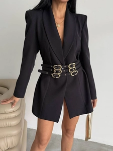 Elegant Women Blazer Dress Slim Fit Long Sleeve V Neck Double Breasted Gold Buckle Waist Belt Solid Color Office Outfits