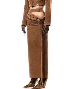 Women high waist brown suede long skirt and cropped jacket set for avant-garde fashion