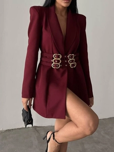 Slim fit burgundy blazer dress with V-neckline and triple gold buckled waist belts