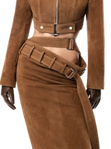 Elegant deep camel suede-like cropped jacket and high waist maxi skirt set with metal buckles