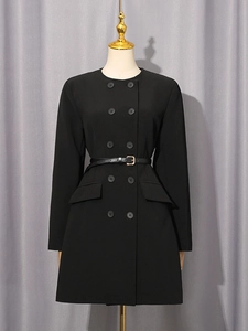 Elegant slim-fit double-breasted black blazer dress with waist belt and flap pockets