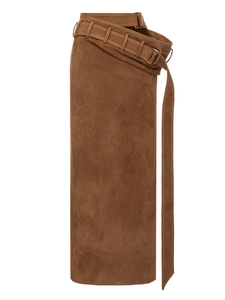 Brown faux suede midi skirt with high waist and decorative metal buckle belt
